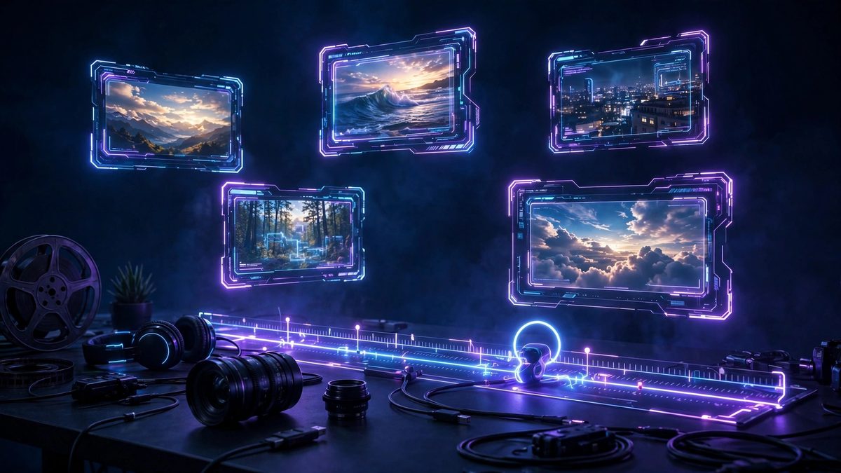 Neon holographic video frames floating over a film-production desk, dark navy and violet