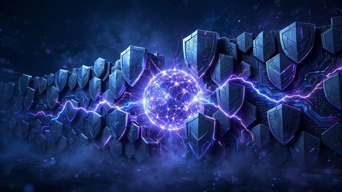 Digital fortress wall of glowing shield plates protecting a neural network core, blue and violet neon