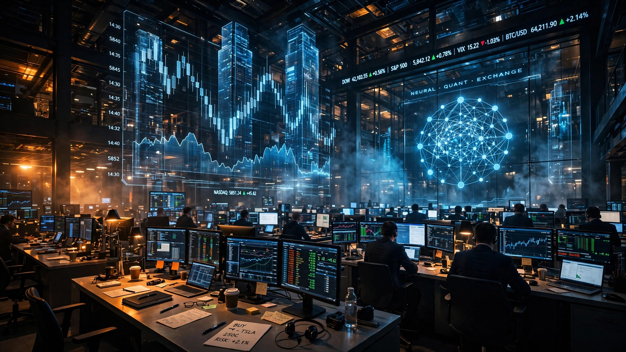 Stock exchange trading floor with holographic charts as Anthropic's IPO valuation is debated