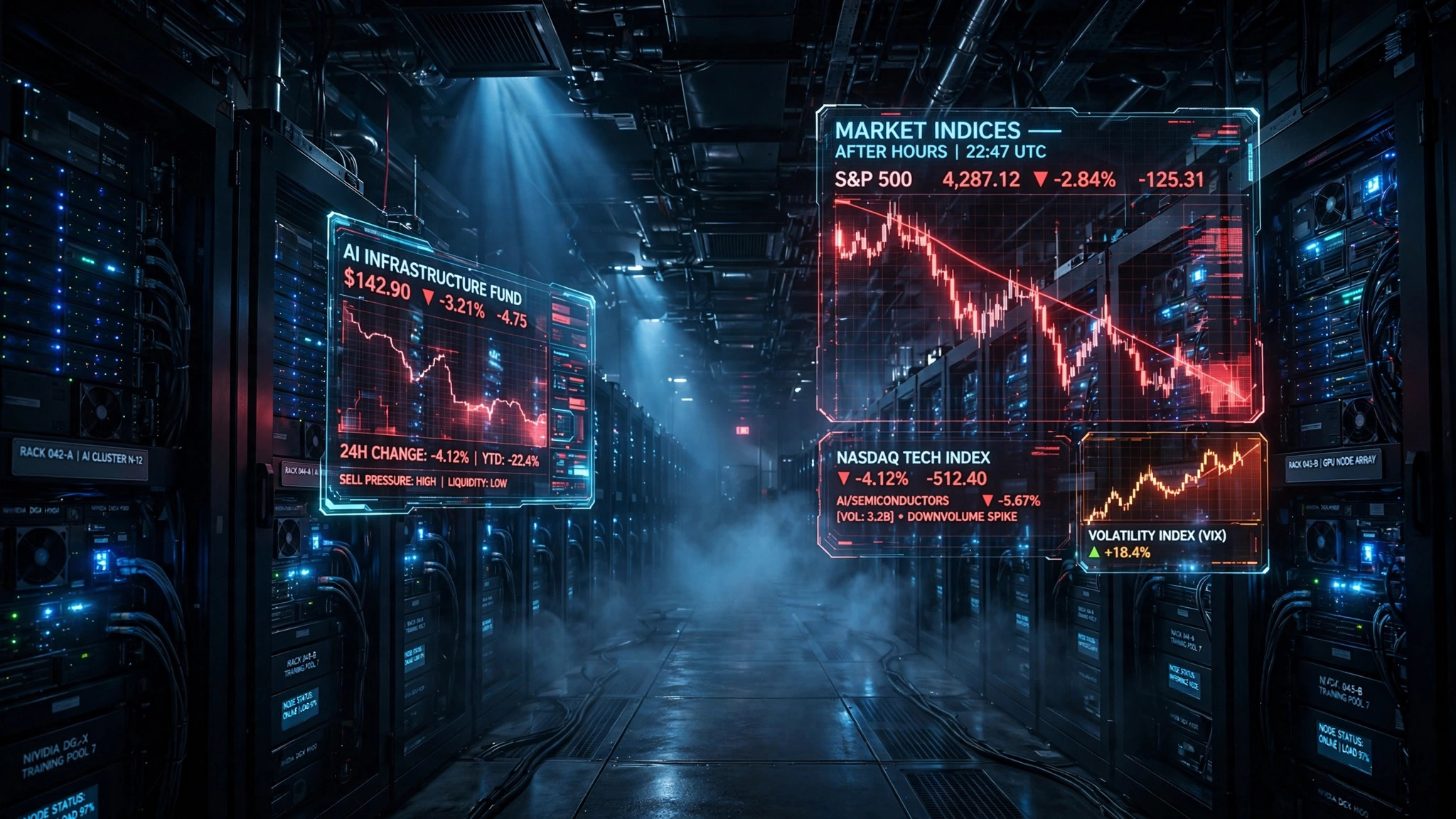 AI data center at night with holographic falling stock-market charts as debt fears rattle AI stocks