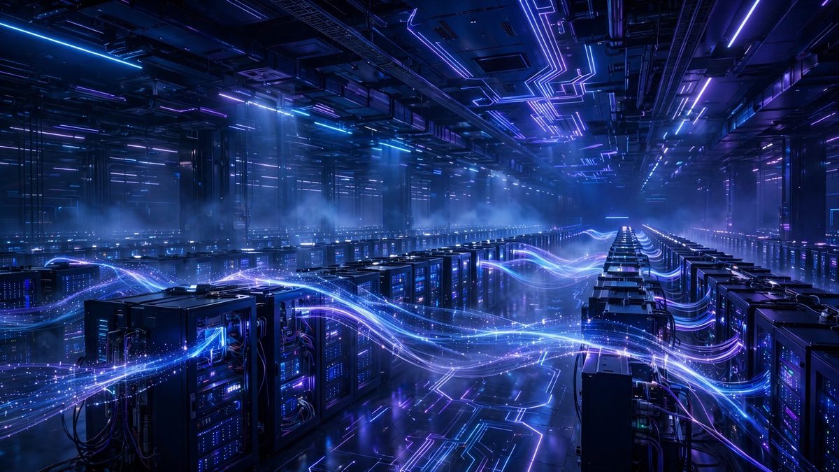 Futuristic data center hall with glowing server racks and neon data streams, dark navy and violet