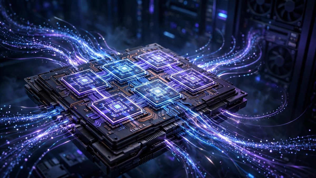 Futuristic custom AI accelerator chip with glowing chiplet dies and neon circuitry streams, dark navy and blue