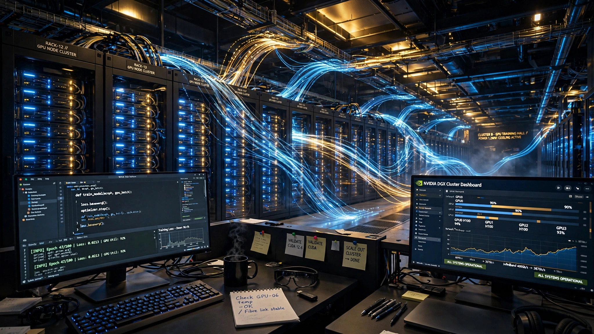 GPU server hall with glowing racks as Modal raises $750M at a $15.75B valuation