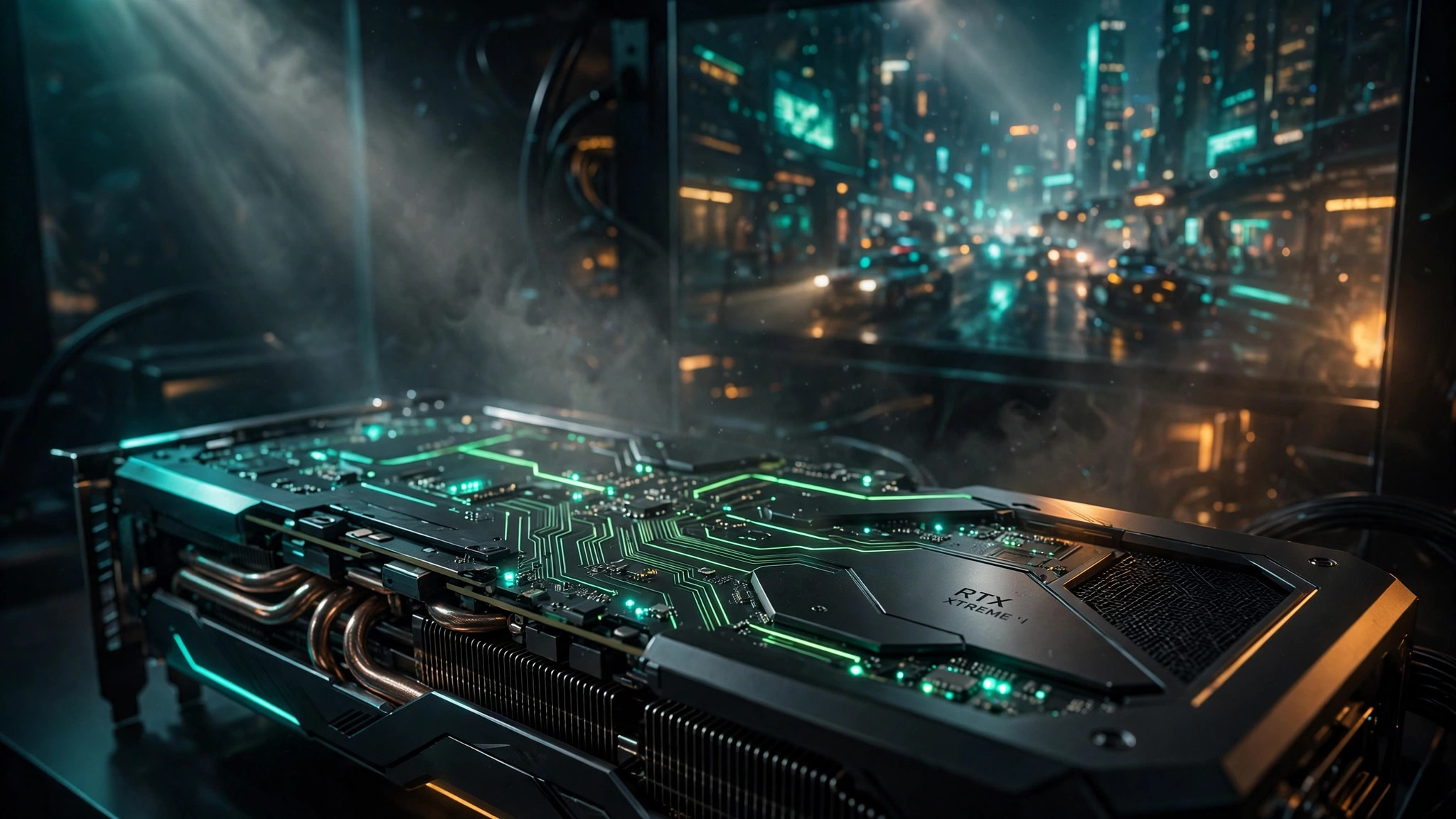 NVIDIA graphics card glowing in a dark gaming setup as DLSS 5 AI rendering boosts game visuals