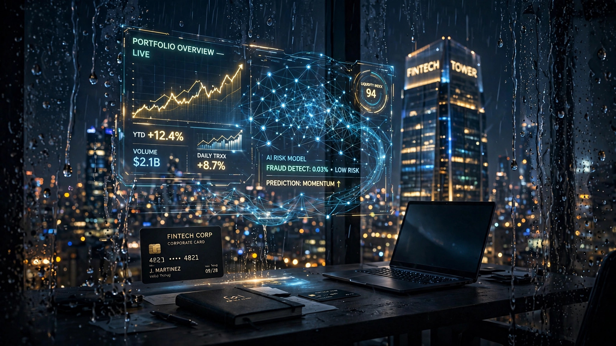 Night view of a New York fintech tower with glowing AI financial dashboards and rising charts